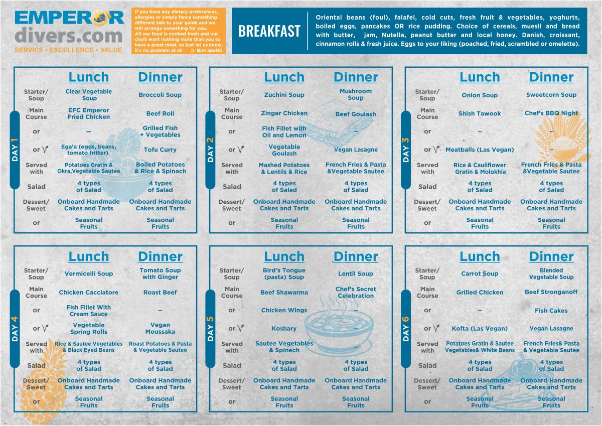 The Emperor Divers Red Sea menu