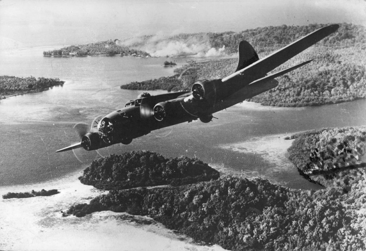 B-17 Bomber flying over the Solomon Islands during WWII